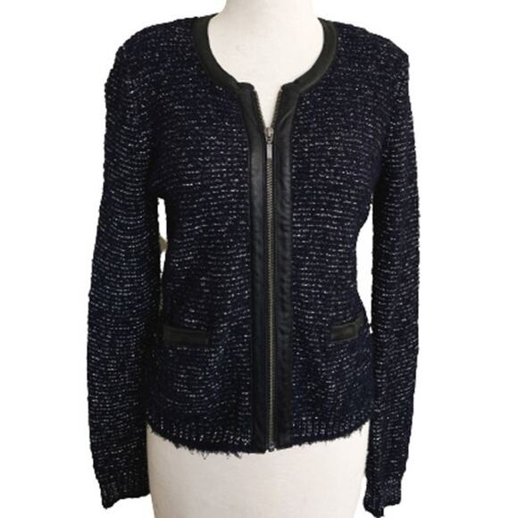 JOIE Jacolyn B Tweed Jacket Blue Full Zip Leather Trim S NWT Dark Academia - Picture 1 of 6